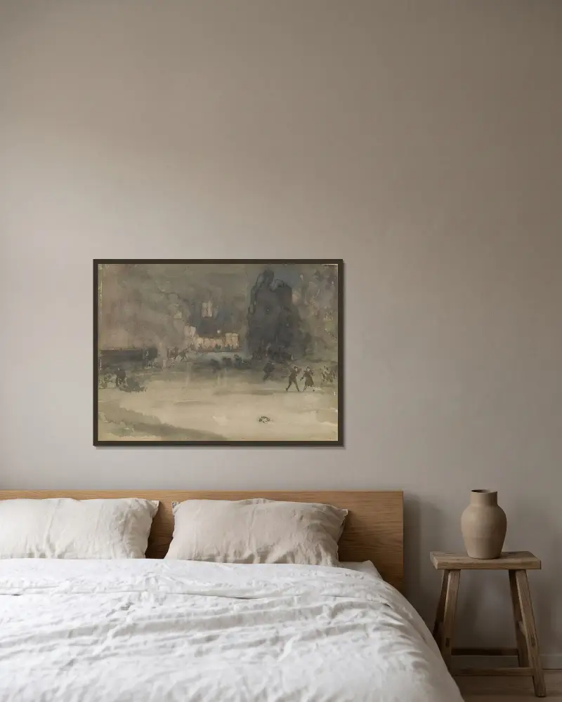 Nokturn: Amsterdam i vinter av James Abbott McNeill Whistler inramad på en vägg