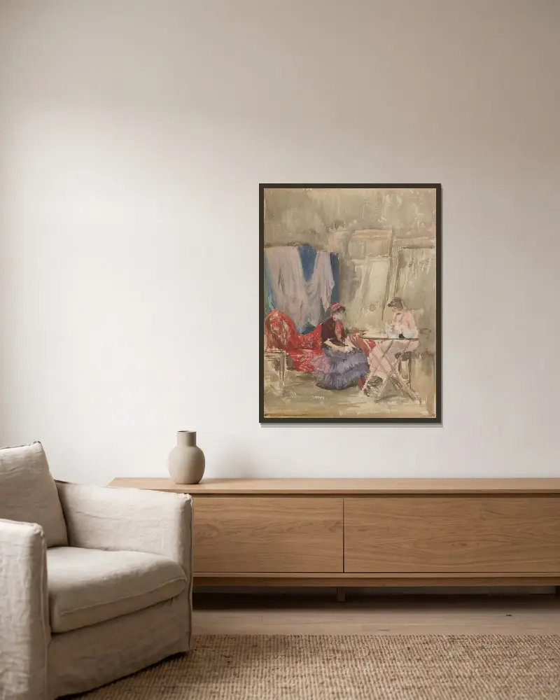 Notiz in Rosa und Purpur – Das Atelier von James Abbott McNeill Whistler gerahmt an einer Wand