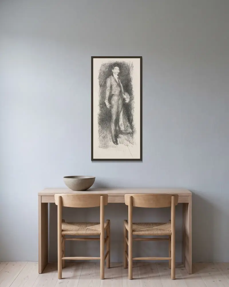 Porträtt av greve Robert de Montesquiou av James Abbott McNeill Whistler inramad på en vägg