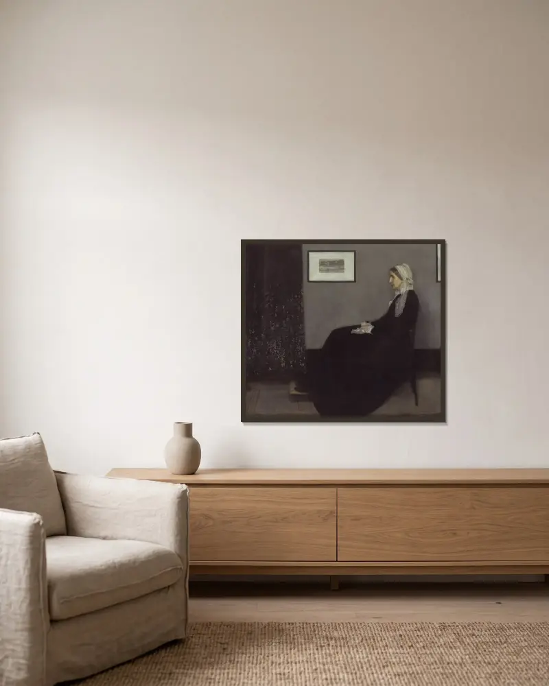 Porträtt av konstnärens mor av James Abbott McNeill Whistler inramad på en vägg