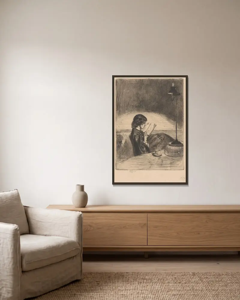 Lesung bei Lampenlicht von James Abbott McNeill Whistler gerahmt an einer Wand