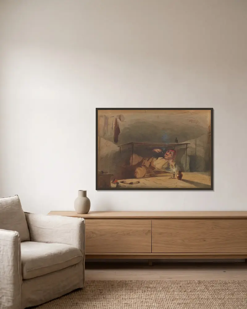 Sam Weller’s Landlord in the Fleet av James Abbott McNeill Whistler inramad på en vägg