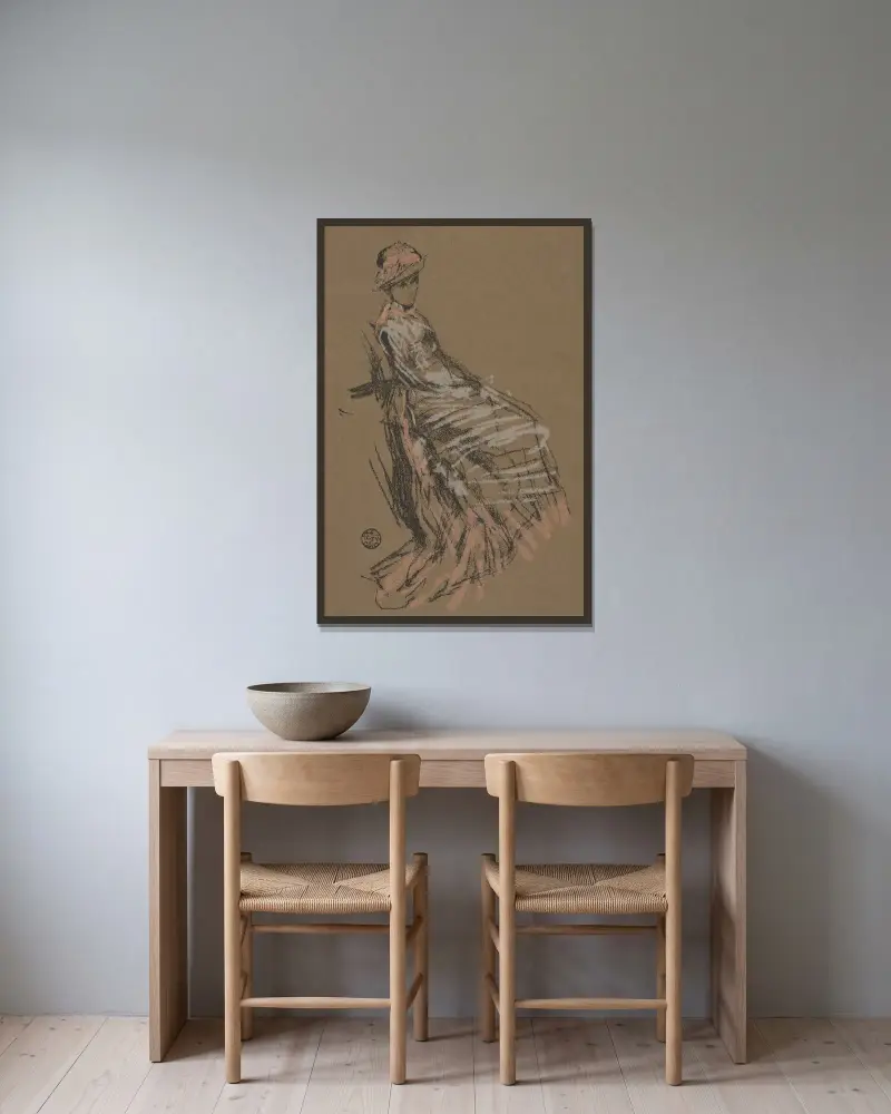 Sittande kvinna i rosa och vitt, bärande hatt av James Abbott McNeill Whistler inramad på en vägg