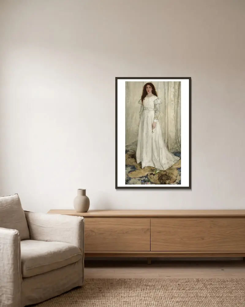 Symphonie in Weiß, Nr. 1 – Das weiße Mädchen von James Abbott McNeill Whistler gerahmt an einer Wand