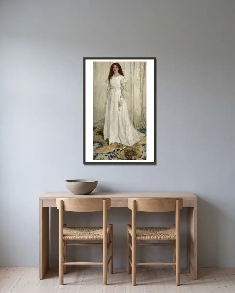 Symphonie in Weiß, Nr. 1 – Das weiße Mädchen von James Abbott McNeill Whistler gerahmt an einer Wand