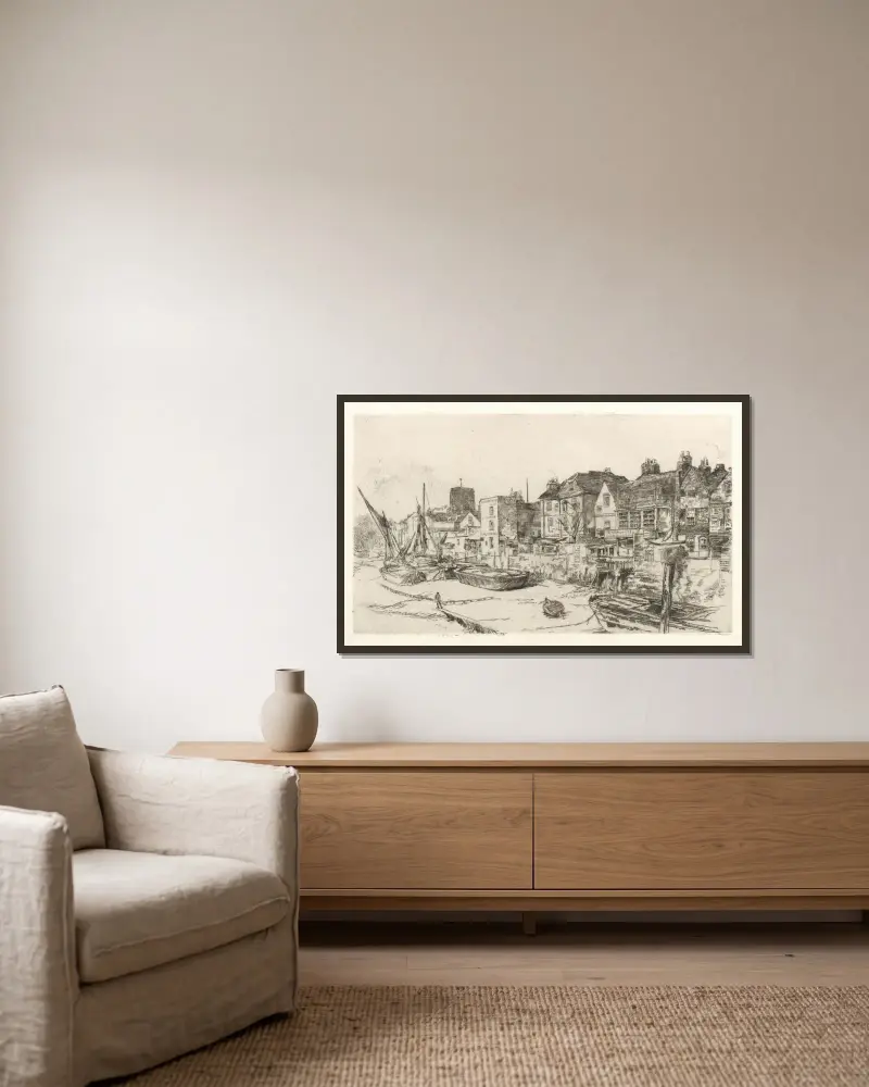 Adam und Eva, Old Chelsea von James Abbott McNeill Whistler gerahmt an einer Wand