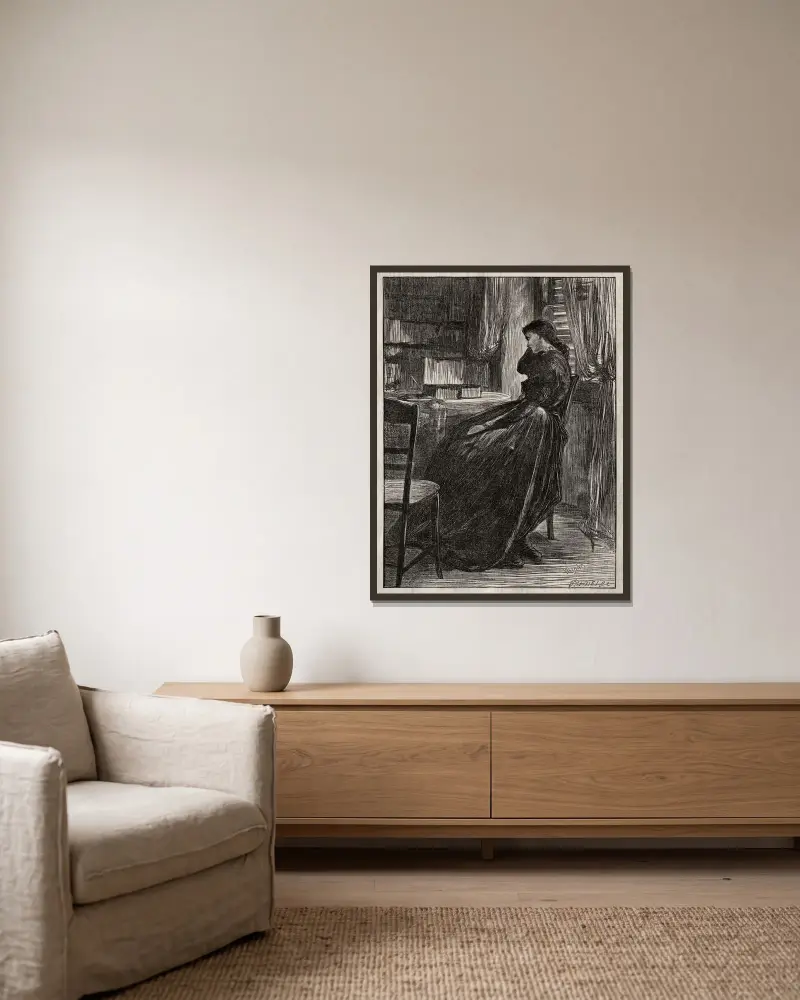 Die Probepredigt, Joanna Douglas an ihrem Schreibtisch von James Abbott McNeill Whistler gerahmt an einer Wand