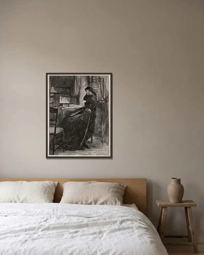 Die Probepredigt, Joanna Douglas an ihrem Schreibtisch von James Abbott McNeill Whistler gerahmt an einer Wand