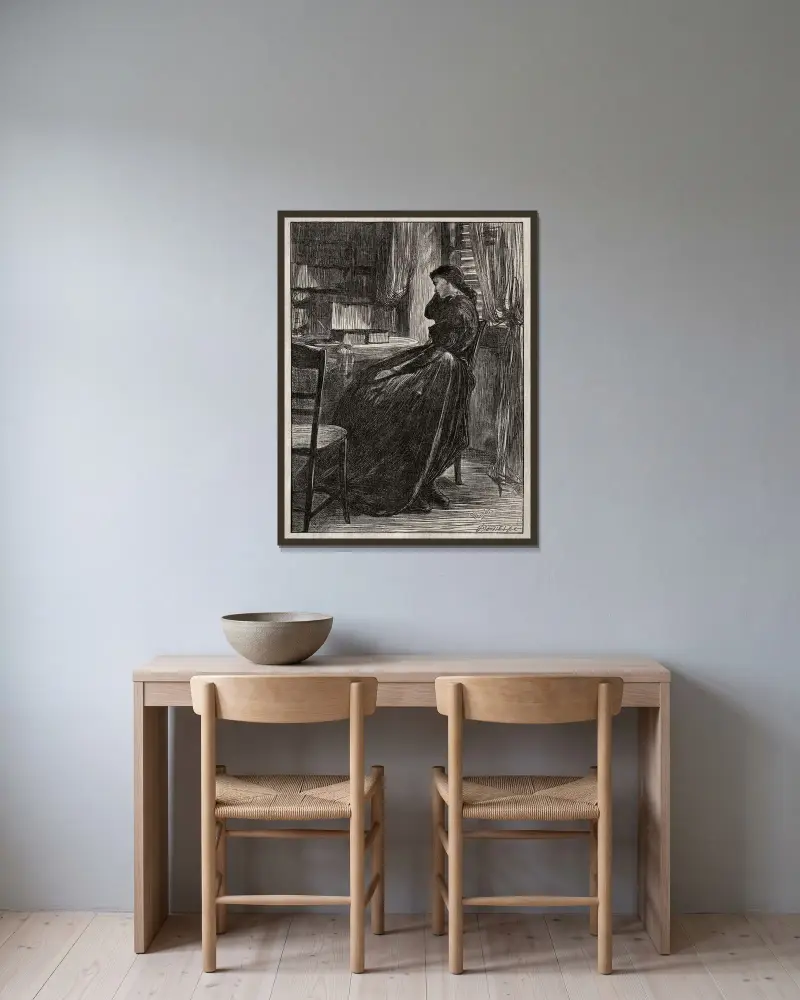 Die Probepredigt, Joanna Douglas an ihrem Schreibtisch von James Abbott McNeill Whistler gerahmt an einer Wand