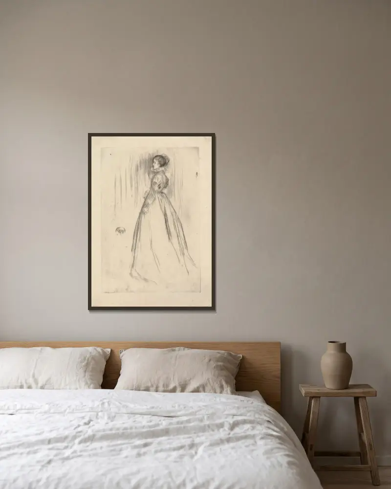 Sammetsklänningen (Mrs. Leyland) av James Abbott McNeill Whistler inramad på en vägg