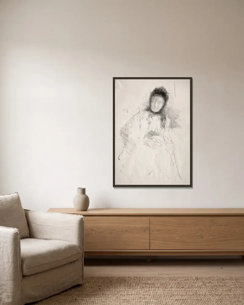 Oavslutad skiss av Lady Haden av James Abbott McNeill Whistler inramad på en vägg