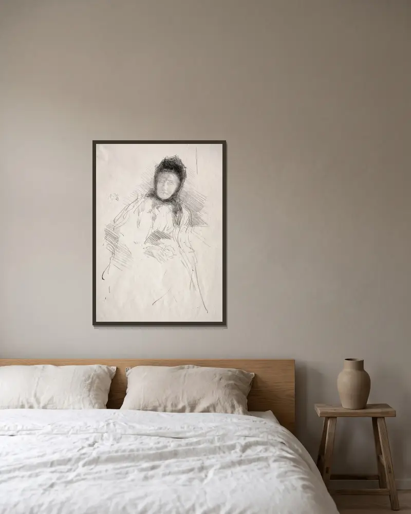 Oavslutad skiss av Lady Haden av James Abbott McNeill Whistler inramad på en vägg