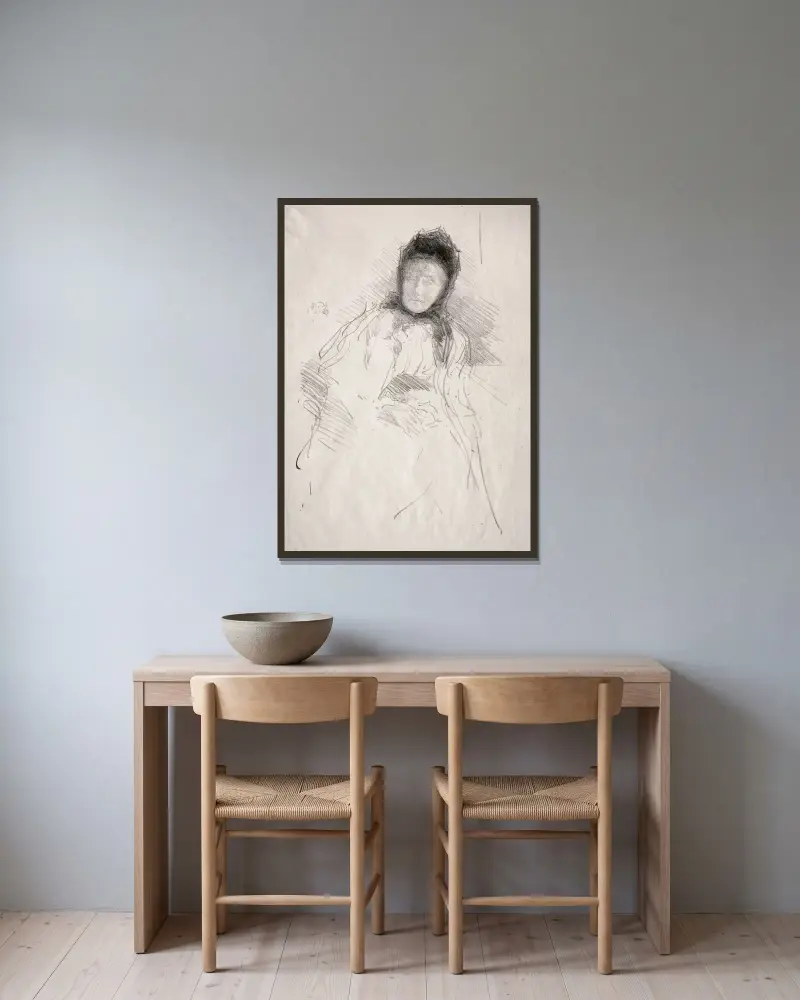 Oavslutad skiss av Lady Haden av James Abbott McNeill Whistler inramad på en vägg