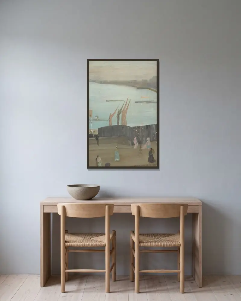 Variationer i rosa och grått: Chelsea av James Abbott McNeill Whistler inramad på en vägg