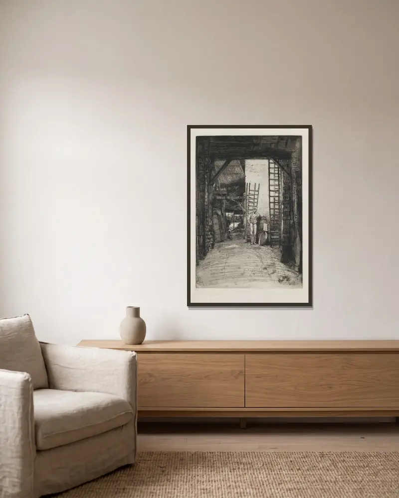 W. Jones, kalkbrännare, Thames Street av James Abbott McNeill Whistler inramad på en vägg