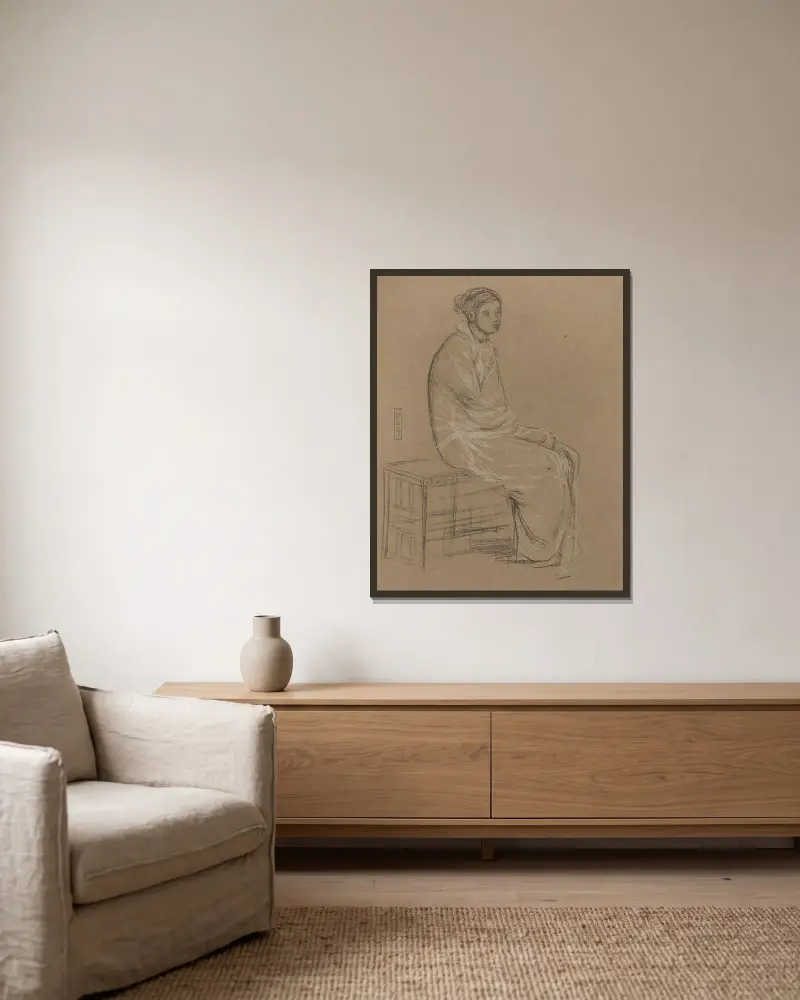 Kvinna sittande på bänk, svept i vit dräkt av James Abbott McNeill Whistler inramad på en vägg