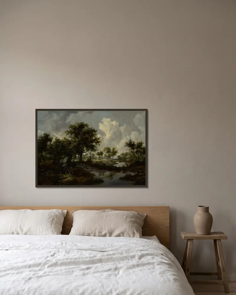 Waldlandschaft, 1667 von Meindert Hobbema gerahmt an einer Wand