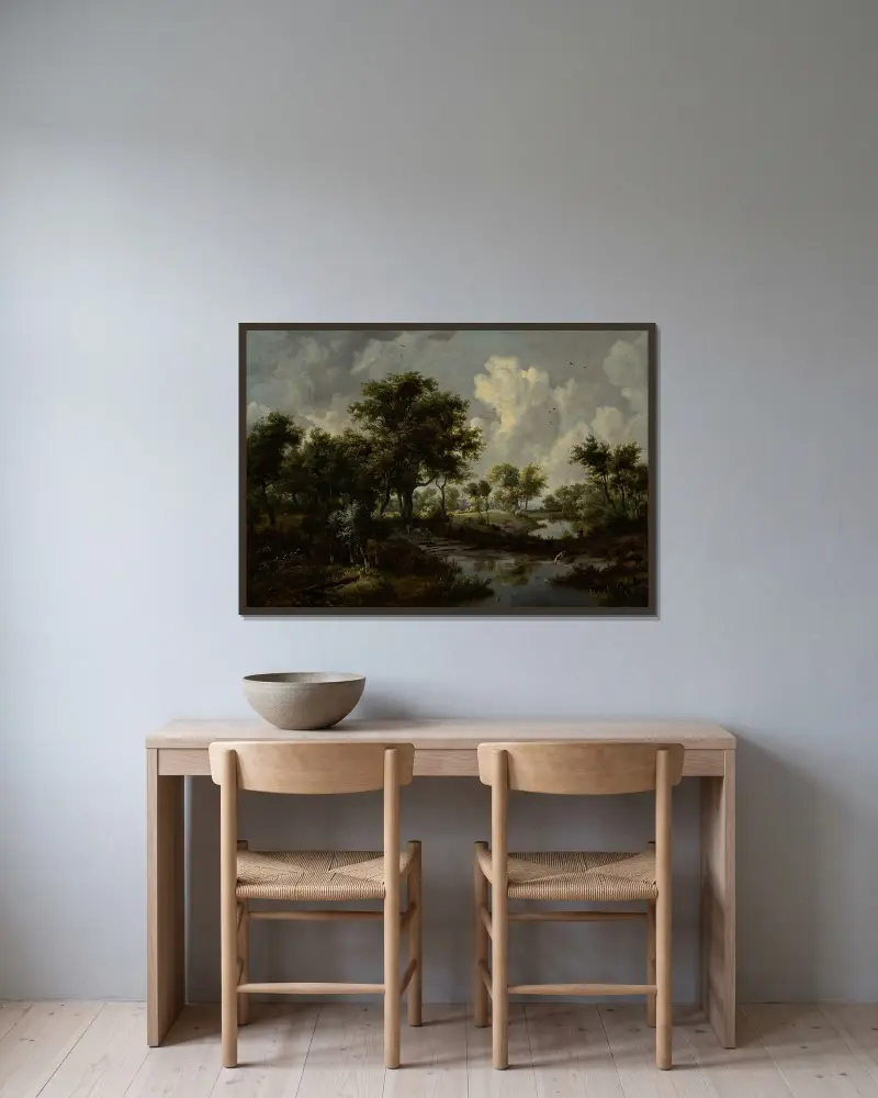 Waldlandschaft, 1667 von Meindert Hobbema gerahmt an einer Wand