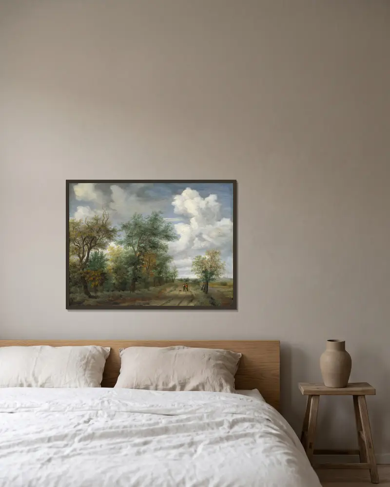 Skogslandskap med figurer av Meindert Hobbema inramad på en vägg