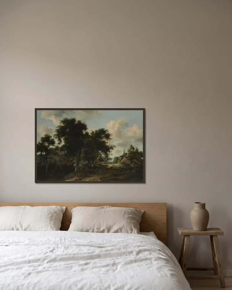 Ingång till en by av Meindert Hobbema inramad på en vägg