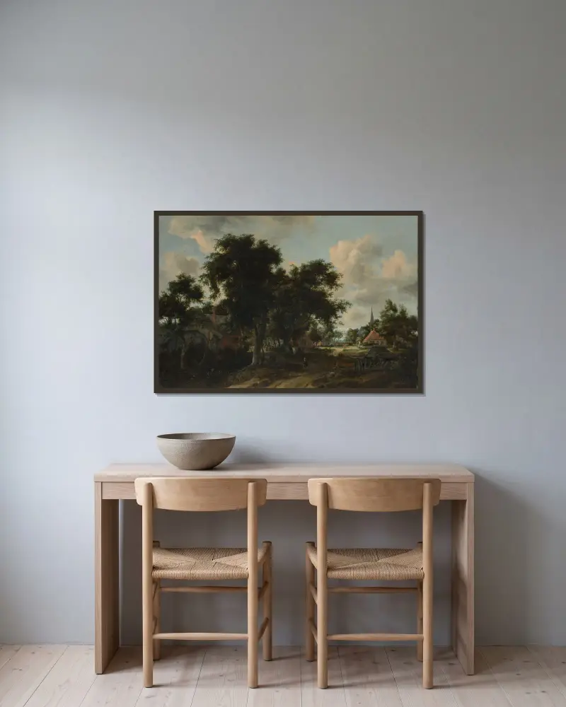 Ingång till en by av Meindert Hobbema inramad på en vägg