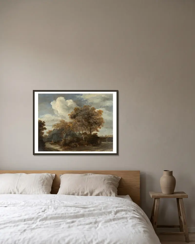 Hütte am Wegesrand von Meindert Hobbema gerahmt an einer Wand