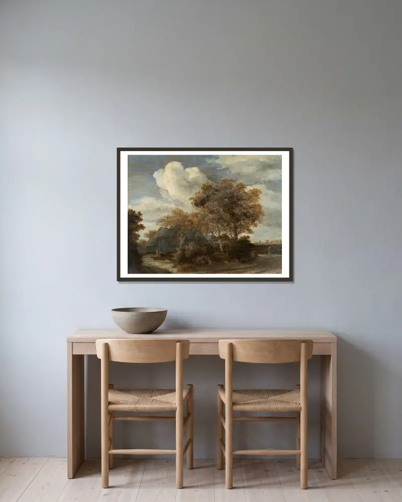 Hütte am Wegesrand von Meindert Hobbema gerahmt an einer Wand