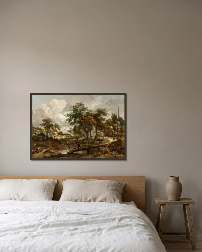 Landschaft mit einer Fußgängerbrücke von Meindert Hobbema gerahmt an einer Wand