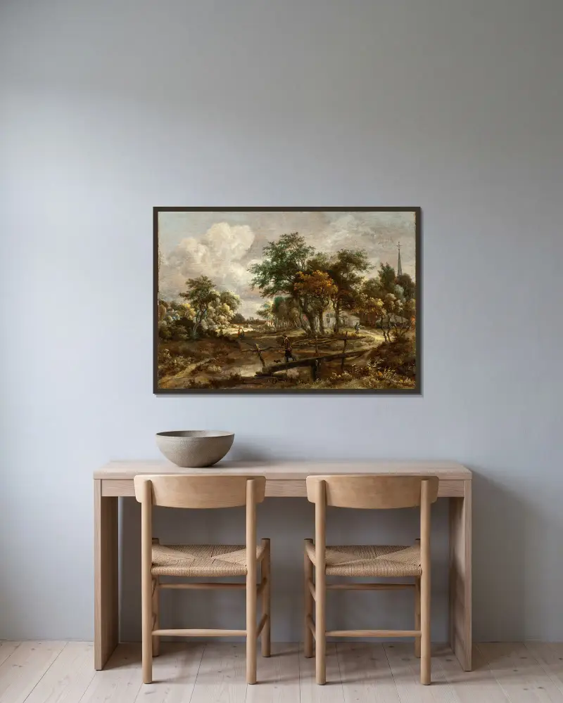Landschaft mit einer Fußgängerbrücke von Meindert Hobbema gerahmt an einer Wand
