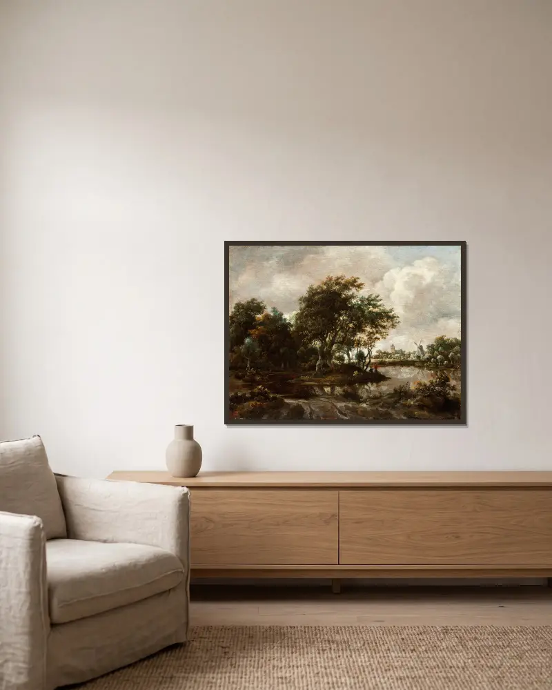 Landschaft mit Anglern und einer fernen Stadt von Meindert Hobbema gerahmt an einer Wand