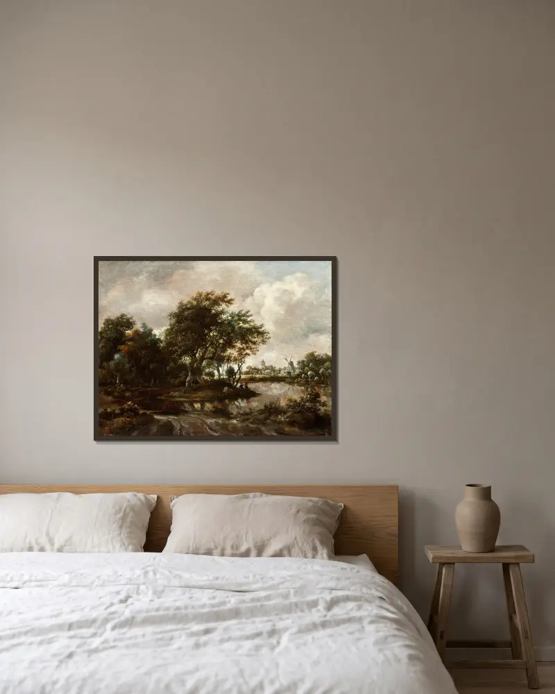 Landschaft mit Anglern und einer fernen Stadt von Meindert Hobbema gerahmt an einer Wand
