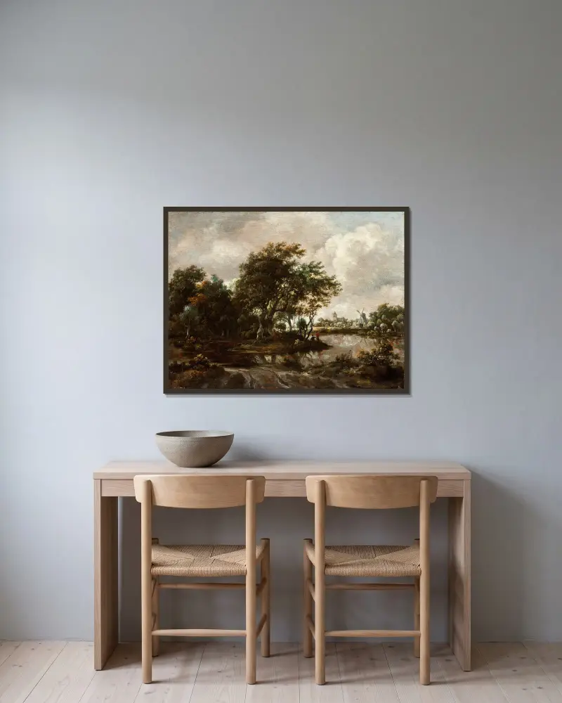 Landschaft mit Anglern und einer fernen Stadt von Meindert Hobbema gerahmt an einer Wand