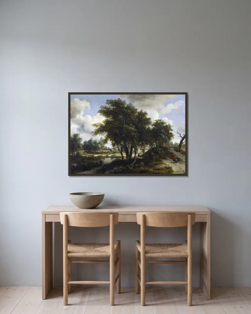 Das Landhaus von Meindert Hobbema gerahmt an einer Wand
