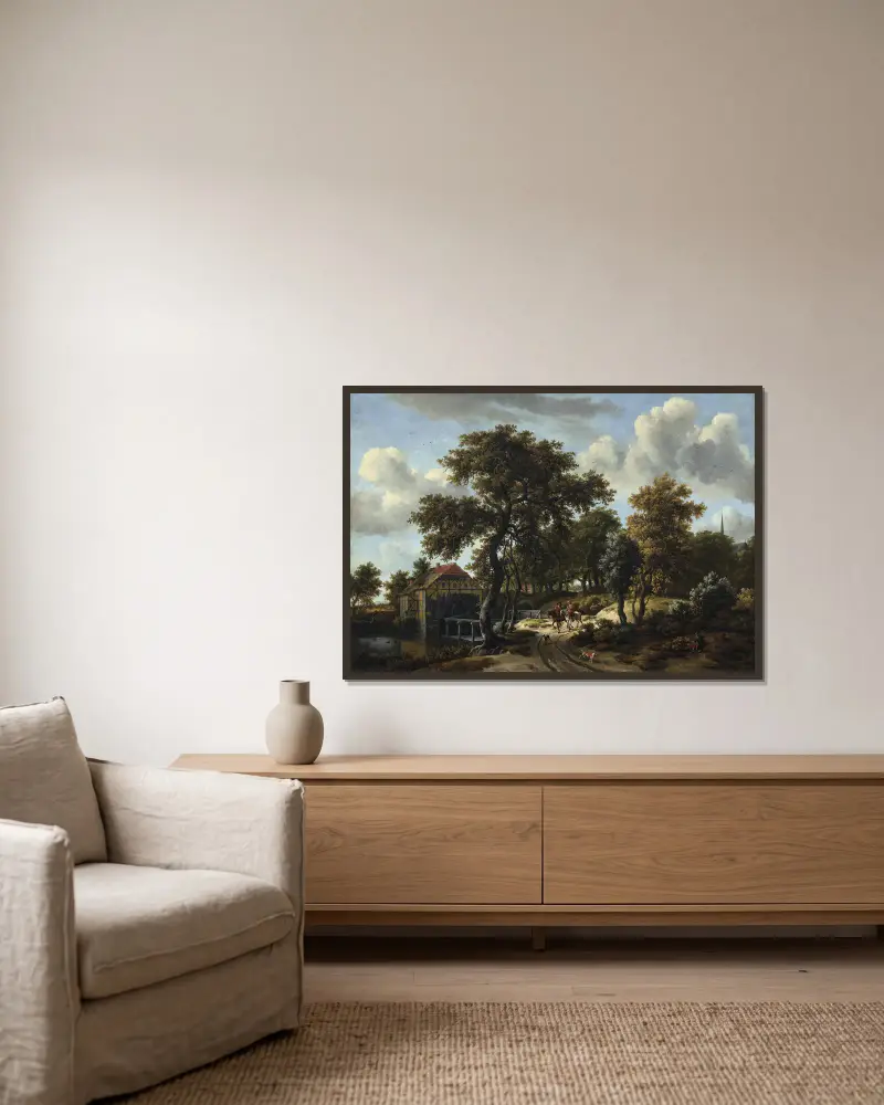 Die Reisenden von Meindert Hobbema gerahmt an einer Wand