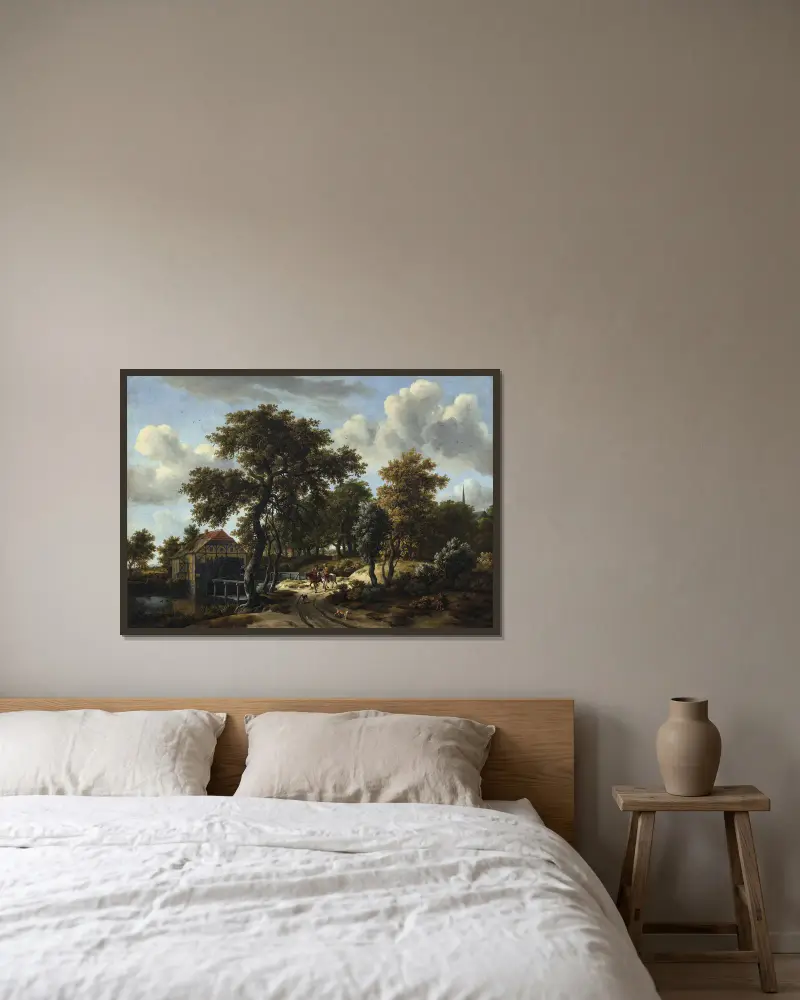Die Reisenden von Meindert Hobbema gerahmt an einer Wand