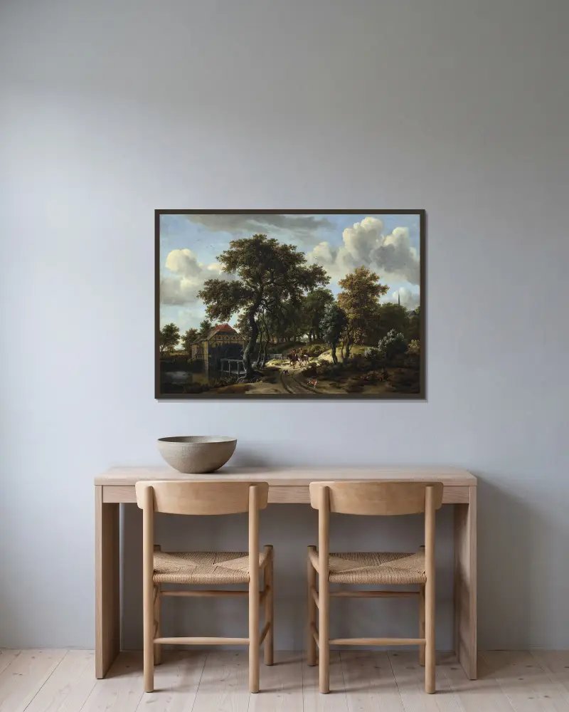 Die Reisenden von Meindert Hobbema gerahmt an einer Wand