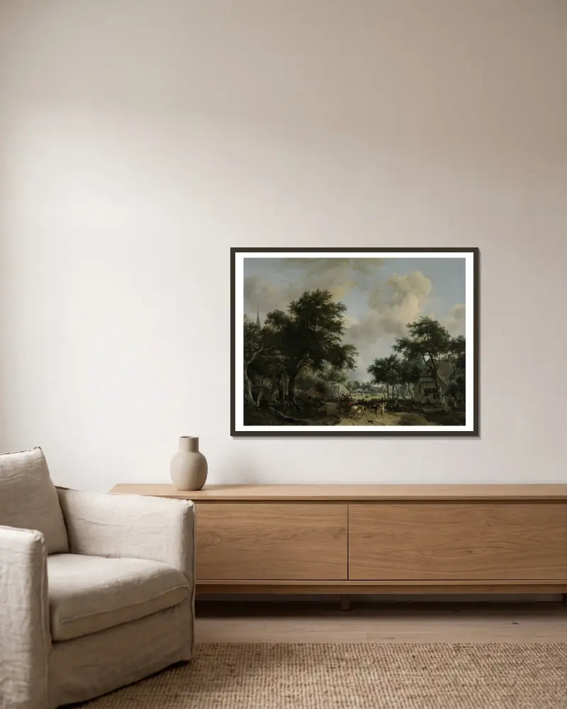 Waldlandschaft mit fröhlichen Menschen in einem Karren von Meindert Hobbema gerahmt an einer Wand