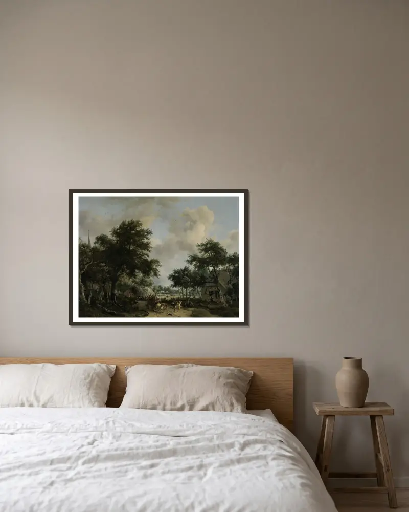 Waldlandschaft mit fröhlichen Menschen in einem Karren von Meindert Hobbema gerahmt an einer Wand