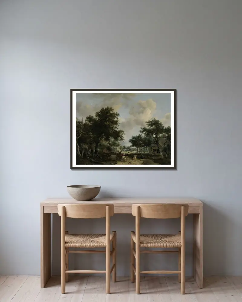 Waldlandschaft mit fröhlichen Menschen in einem Karren von Meindert Hobbema gerahmt an einer Wand