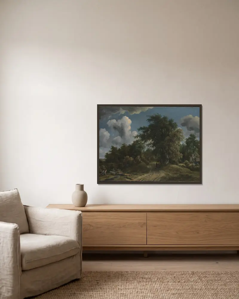 Waldweg von Meindert Hobbema gerahmt an einer Wand