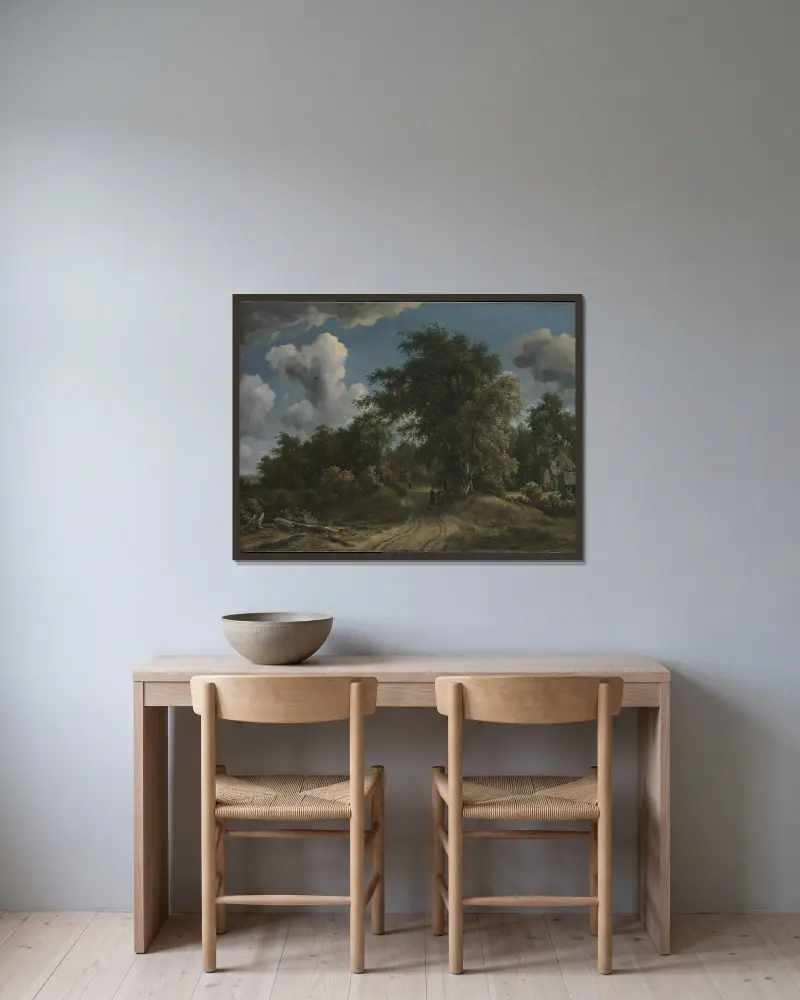 Waldweg von Meindert Hobbema gerahmt an einer Wand