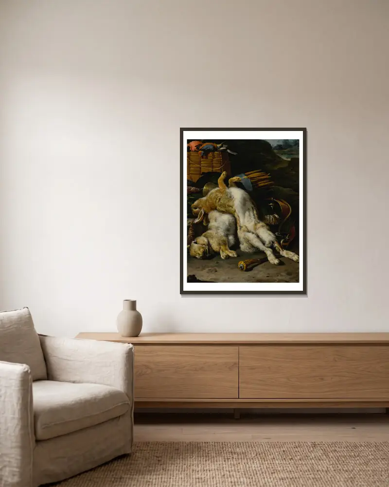 Ein Paar Kaninchen und kleine Vögel mit Jagdgeräten in einer Landschaft von Melchior d'Hondecoeter gerahmt an einer Wand