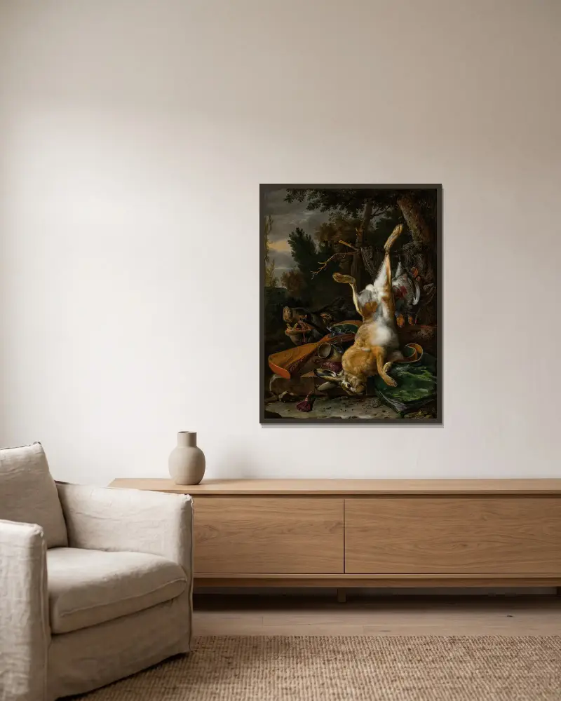 Jagdstillleben mit aufgehängtem Hasen, Wildschweinkopf und Muskete in einer Landschaft von Melchior d'Hondecoeter gerahmt an einer Wand