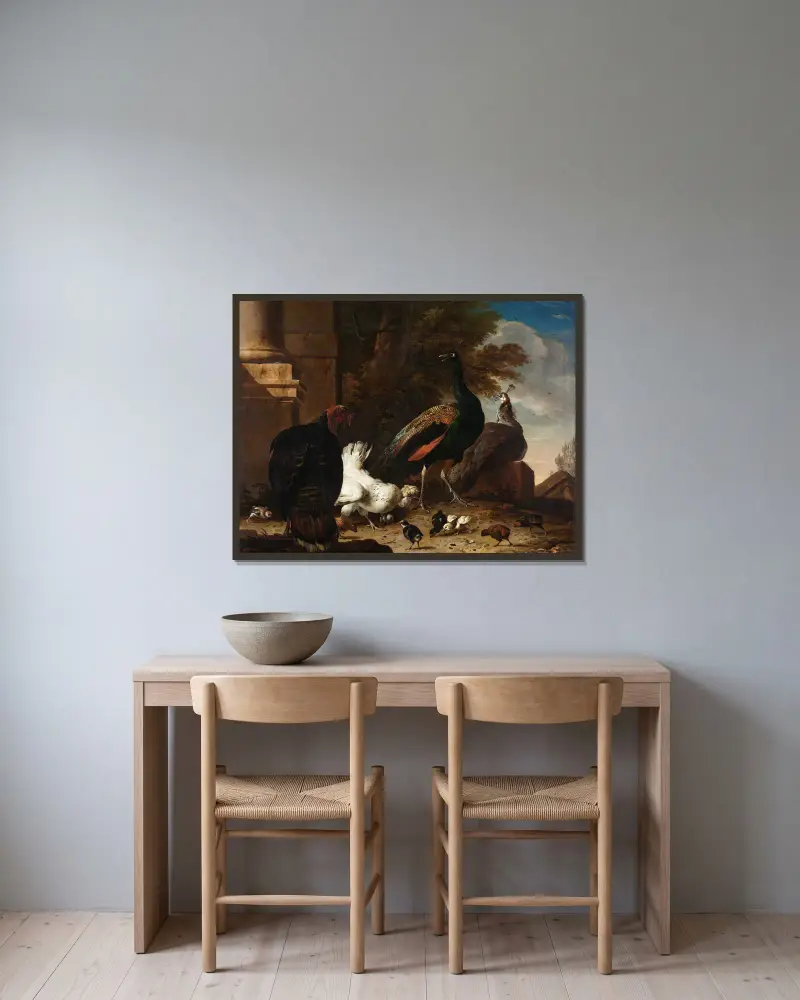 En höna med påfåglar och en kalkon av Melchior d'Hondecoeter inramad på en vägg