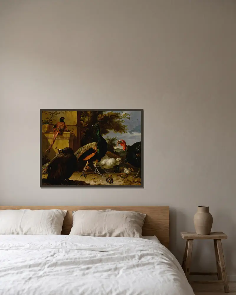 En påfågel, påfågelhöna, fasan, kalkon, tupp och kyckling vid en mur, med landskap bortom av Melchior d'Hondecoeter inramad på en vägg
