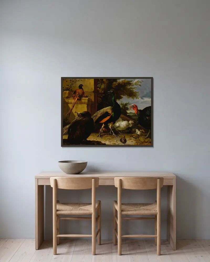 En påfågel, påfågelhöna, fasan, kalkon, tupp och kyckling vid en mur, med landskap bortom av Melchior d'Hondecoeter inramad på en vägg