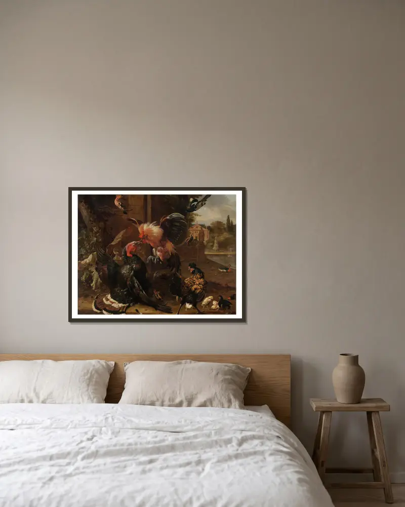 Kampf zwischen Hahn und Truthahn von Melchior d'Hondecoeter gerahmt an einer Wand