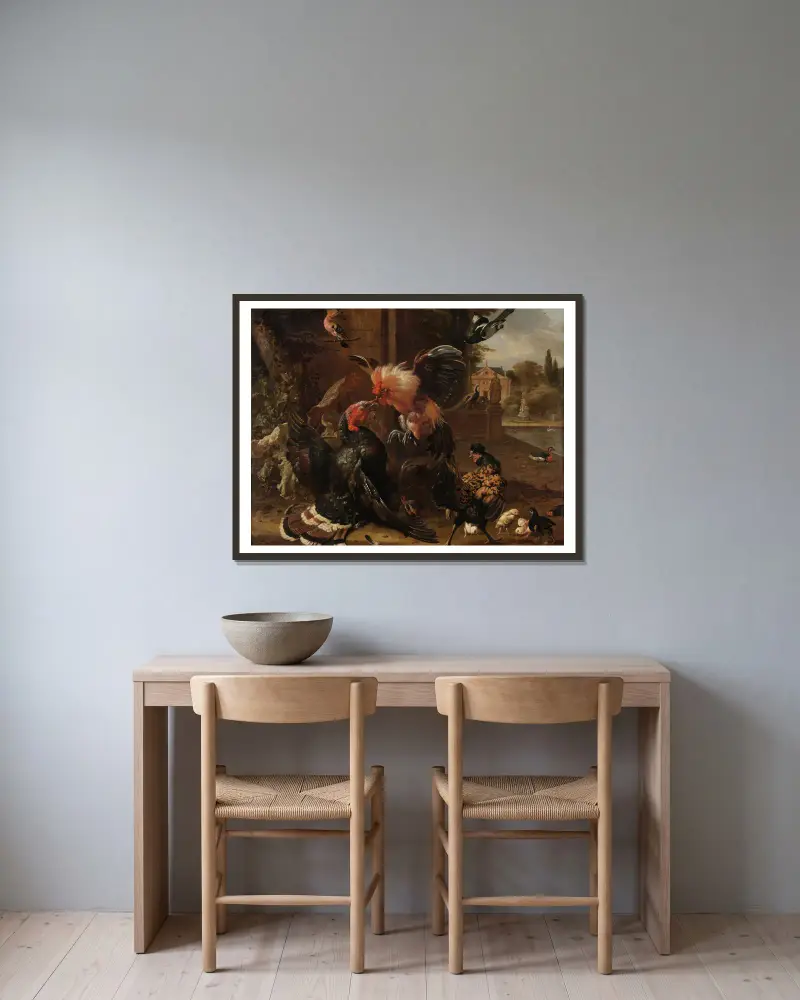 Kampf zwischen Hahn und Truthahn von Melchior d'Hondecoeter gerahmt an einer Wand