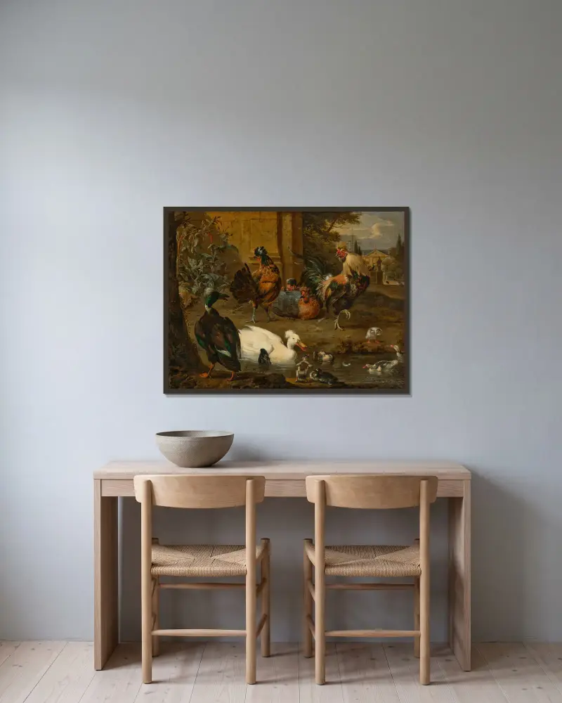 Tupp, hönor, ankor och ällingar i ett landskap, ett hus och trädgårdar med påfåglar bortom av Melchior d'Hondecoeter inramad på en vägg