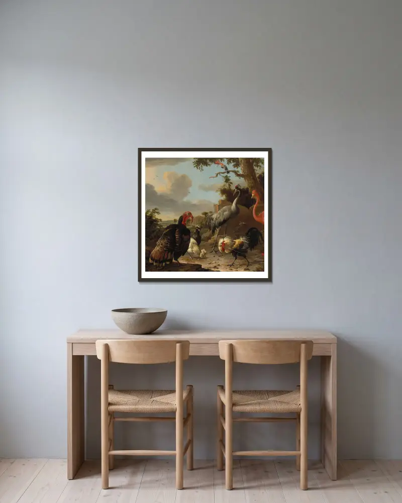 En sarustrana, en flamingo, en vild bronskalkon, två paduanhöns, en silverbirchen tupp och en härfågel i ett landskap av Melchior d'Hondecoeter inramad på en vägg